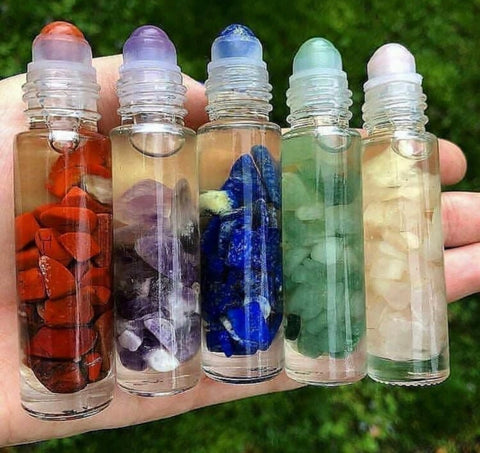 Essential oil roller bottles with Crystal Chips