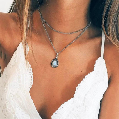 Opal Water Drop Pendant Multilayer Choker Necklace - Her Majesty's Goods